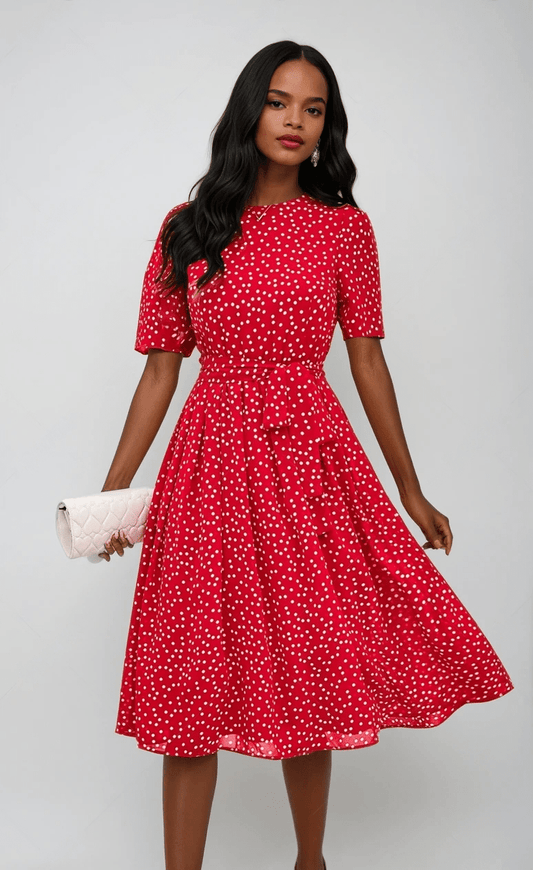 Elegant Summer Dress with Print, Round Neck and Short Sleeves for Women