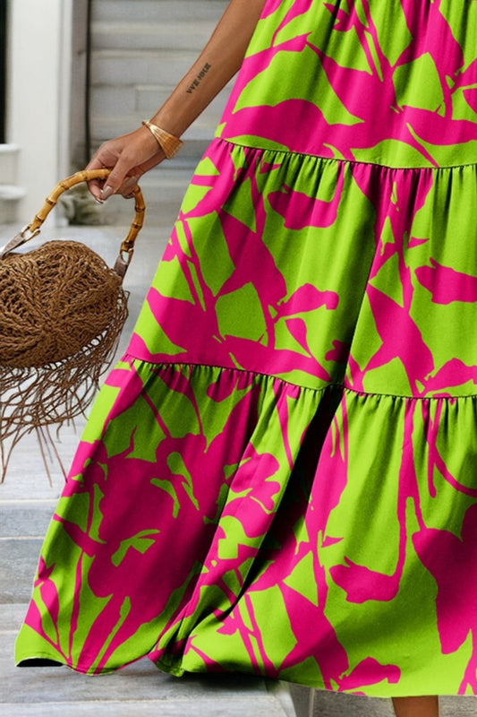 Sleeveless Summer Dress with V-Neck and Ruffles Tropical Bloom Light and Airy