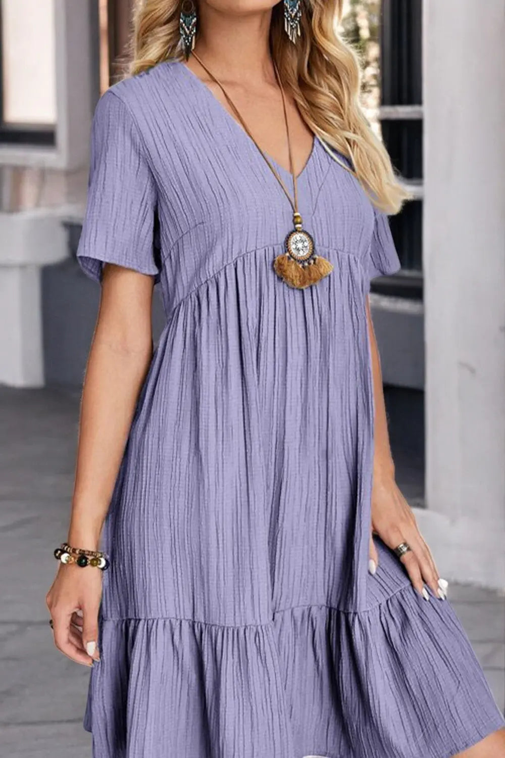 Sunlit Allure Ruched V-Neck Short Sleeve Dress for Summer - Londonchic