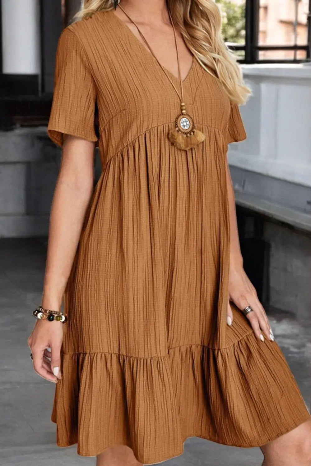 Sunlit Allure Ruched V-Neck Short Sleeve Dress for Summer - Londonchic