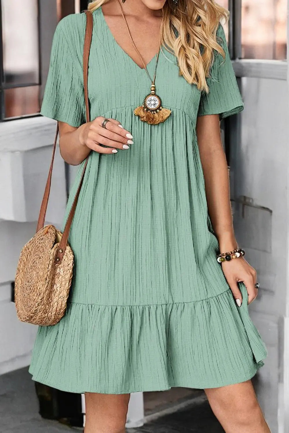 Sunlit Allure Ruched V-Neck Short Sleeve Dress for Summer - Londonchic