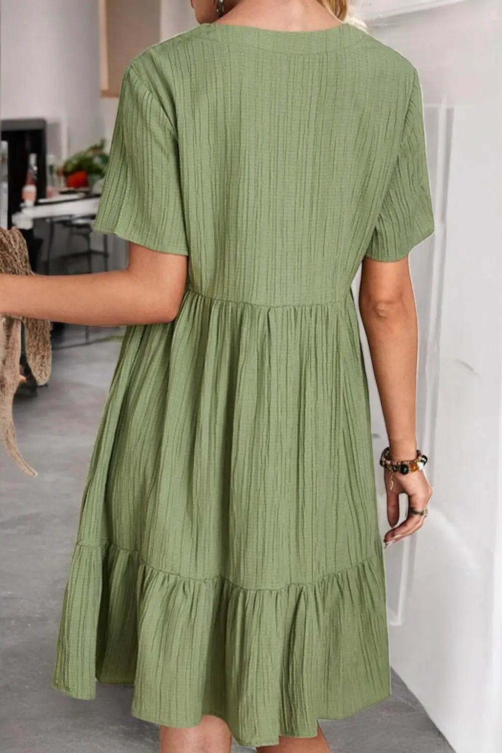 Sunlit Allure Ruched V-Neck Short Sleeve Dress for Summer - Londonchic