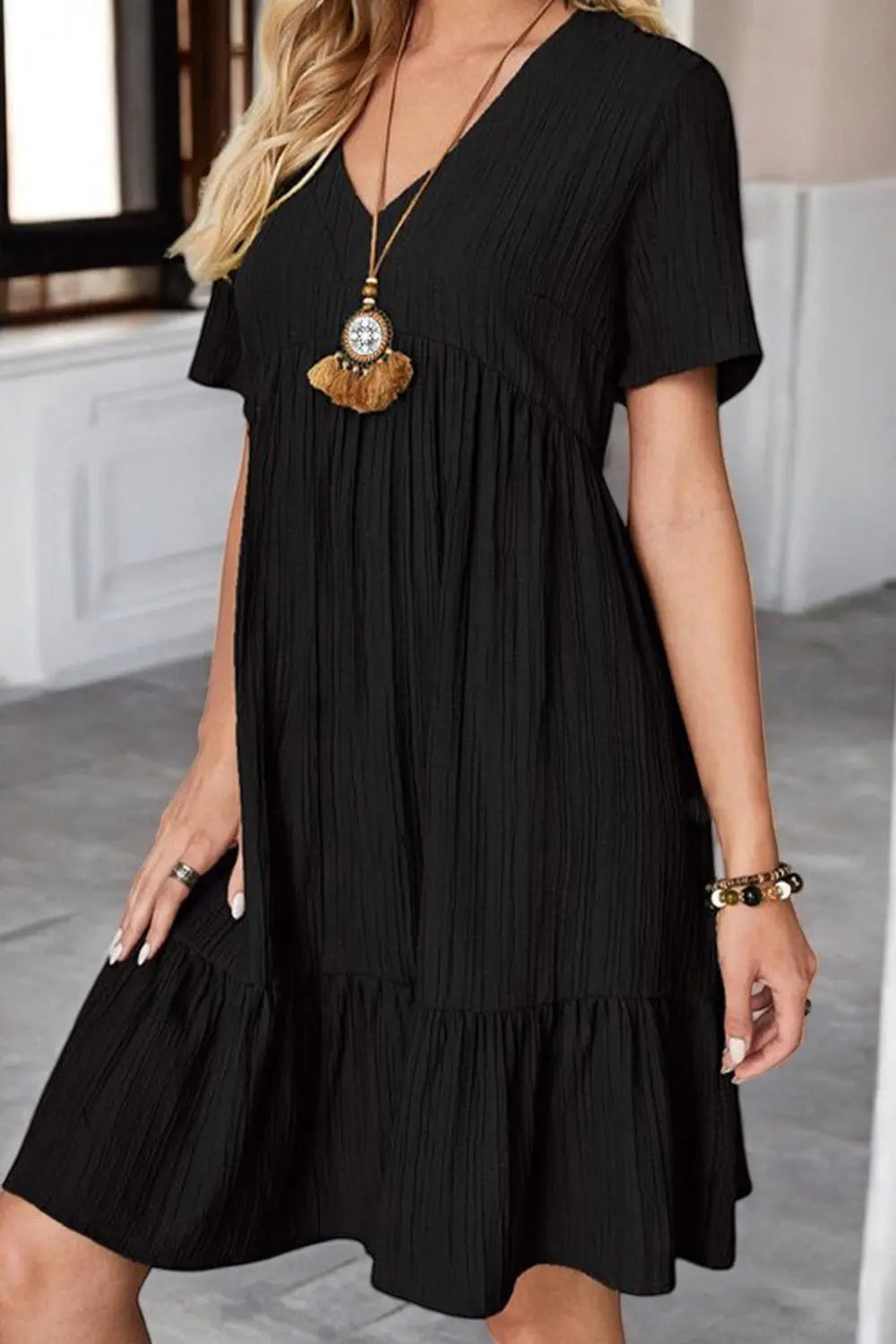 Sunlit Allure Ruched V-Neck Short Sleeve Dress for Summer - Londonchic