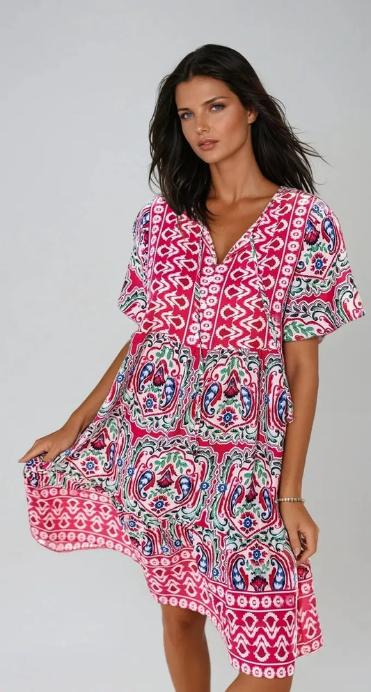 Tropical Bliss Tie-Neck Printed Summer Dress for Effortless Style - Londonchic
