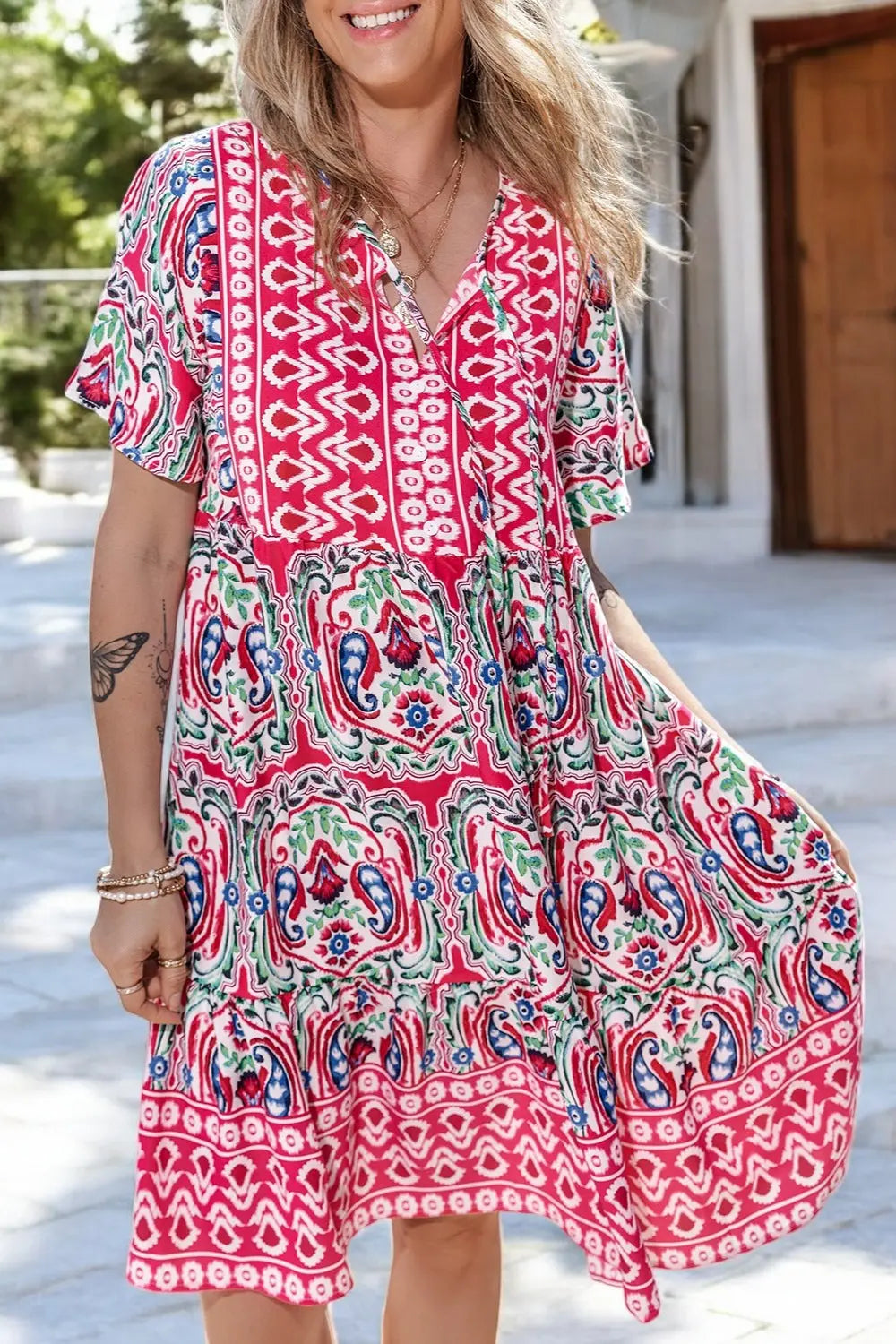 Tropical Bliss Tie-Neck Printed Summer Dress for Effortless Style - Londonchic