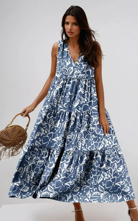 Tropical Bloom Tiered V-Neck Sleeveless Summer Dress - Londonchic