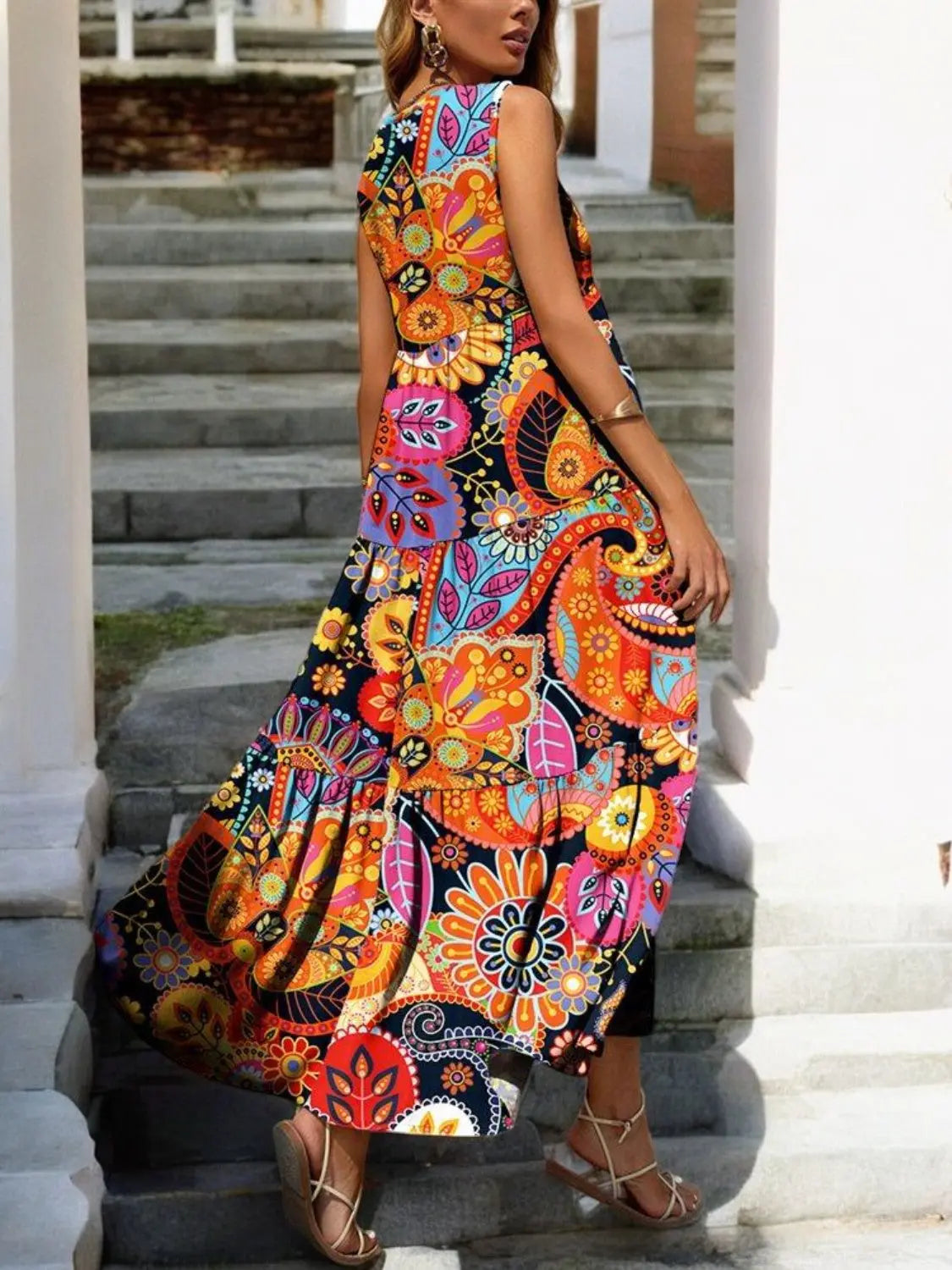 Tropical Bloom Tiered V-Neck Sleeveless Summer Dress - Londonchic