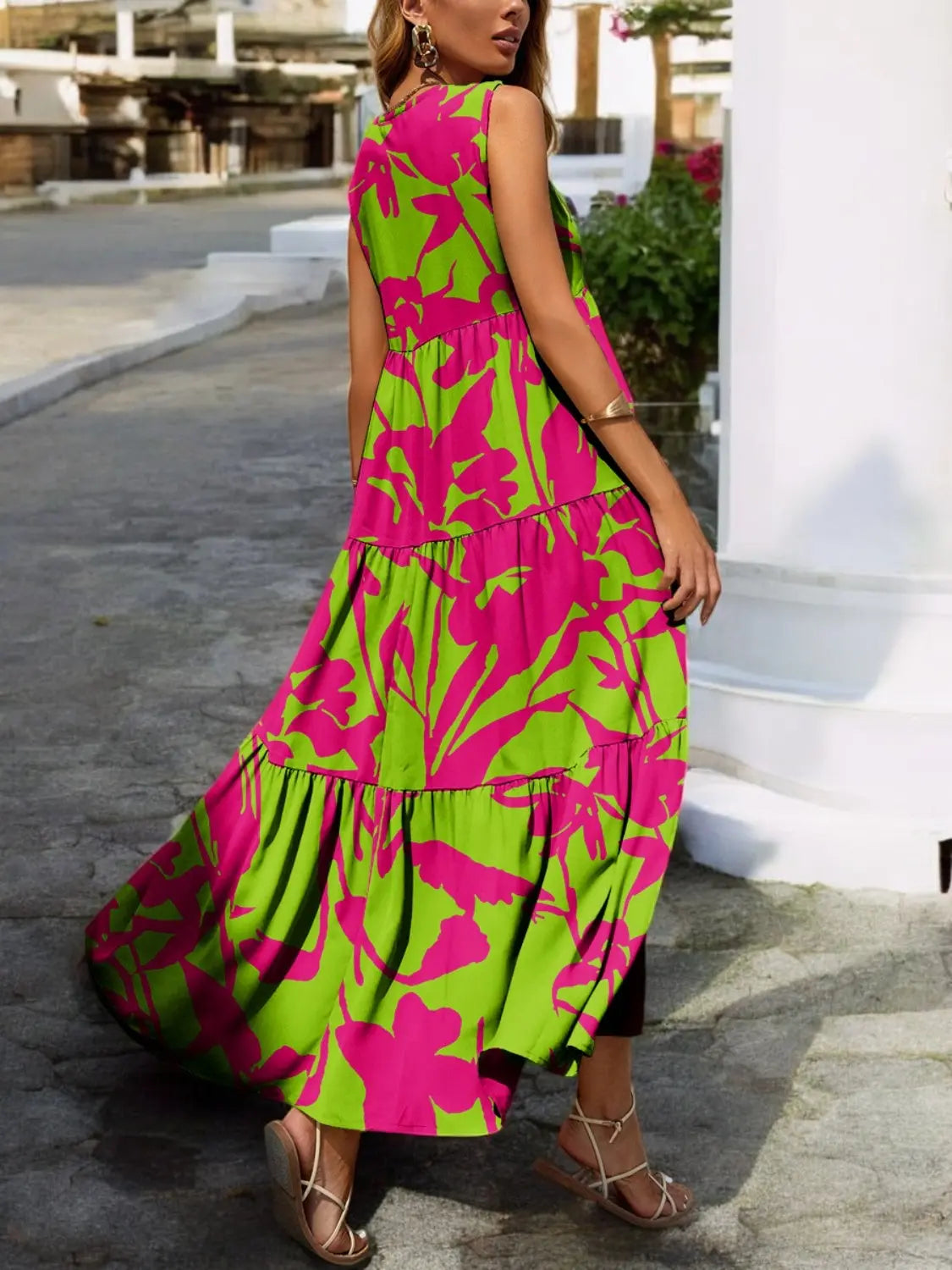 Tropical Bloom Tiered V-Neck Sleeveless Summer Dress - Londonchic