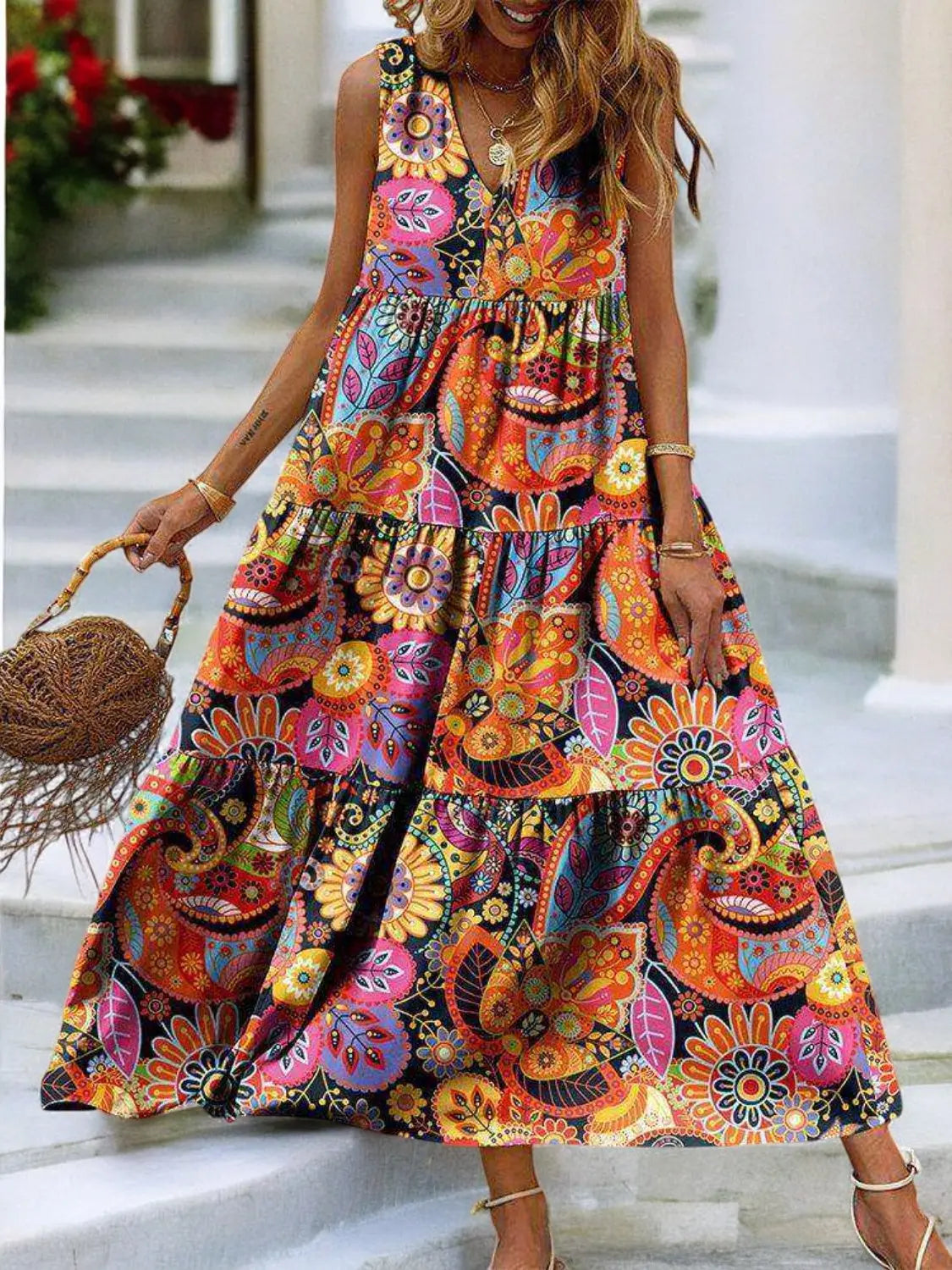 Tropical Bloom Tiered V-Neck Sleeveless Summer Dress - Londonchic