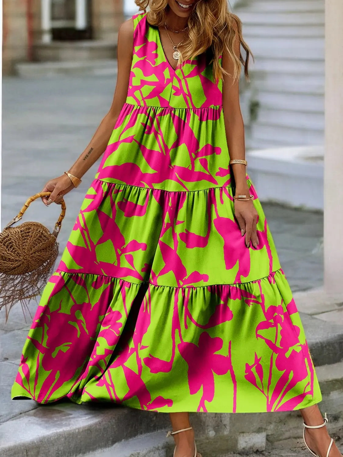 Tropical Bloom Tiered V-Neck Sleeveless Summer Dress - Londonchic