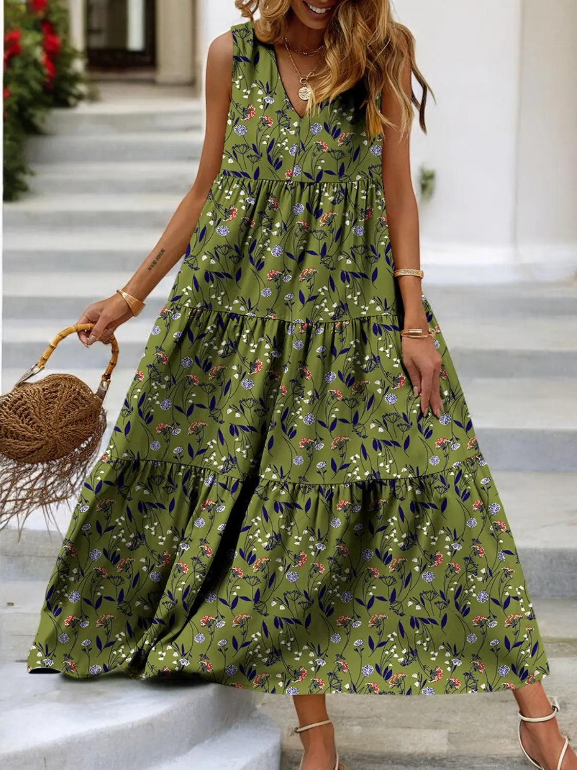 Tropical Bloom Tiered V-Neck Sleeveless Summer Dress - Londonchic