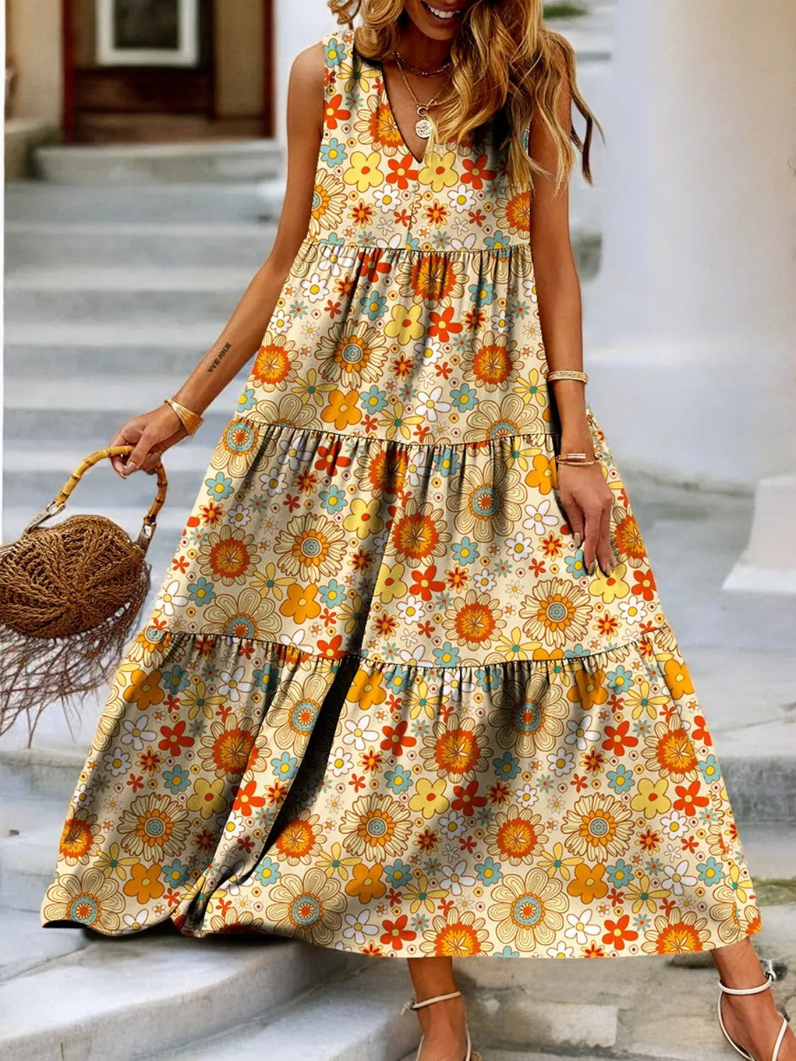 Tropical Bloom Tiered V-Neck Sleeveless Summer Dress - Londonchic