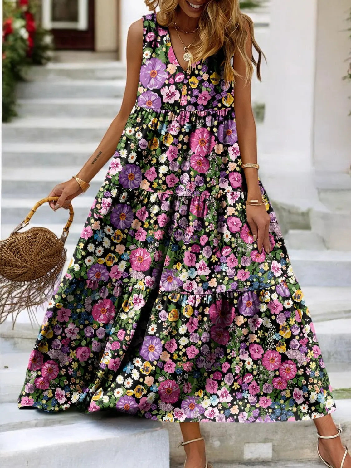 Tropical Bloom Tiered V-Neck Sleeveless Summer Dress - Londonchic