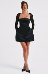 Satin Mini Dress with Lace Long Sleeves