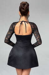 Satin Mini Dress with Lace Long Sleeves