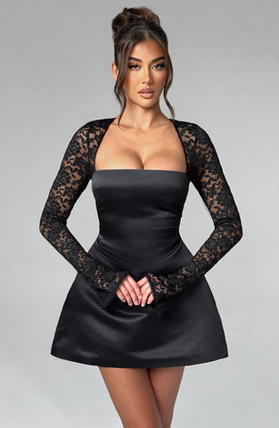 Satin Mini Dress with Lace Long Sleeves