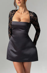 Satin Mini Dress with Lace Long Sleeves