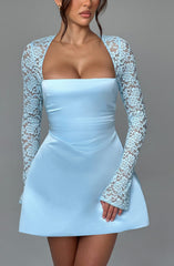 Satin Mini Dress with Lace Long Sleeves