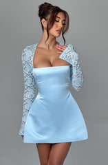 Satin Mini Dress with Lace Long Sleeves