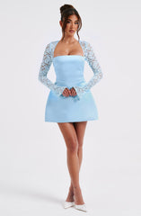 Satin Mini Dress with Lace Long Sleeves