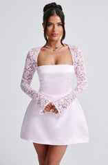 Satin Mini Dress with Lace Long Sleeves