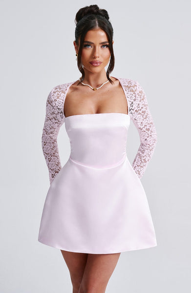 Satin Mini Dress with Lace Long Sleeves
