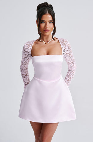 Satin Mini Dress with Lace Long Sleeves