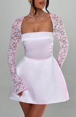 Satin Mini Dress with Lace Long Sleeves