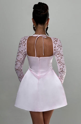 Satin Mini Dress with Lace Long Sleeves