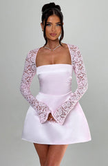 Satin Mini Dress with Lace Long Sleeves