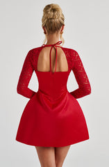 Satin Mini Dress with Lace Long Sleeves