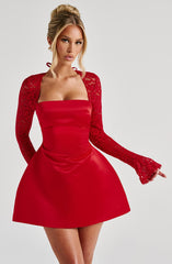 Satin Mini Dress with Lace Long Sleeves
