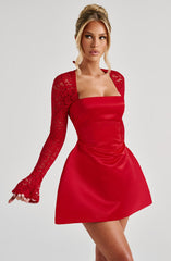 Satin Mini Dress with Lace Long Sleeves