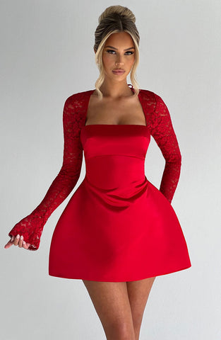 Satin Mini Dress with Lace Long Sleeves