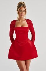 Satin Mini Dress with Lace Long Sleeves